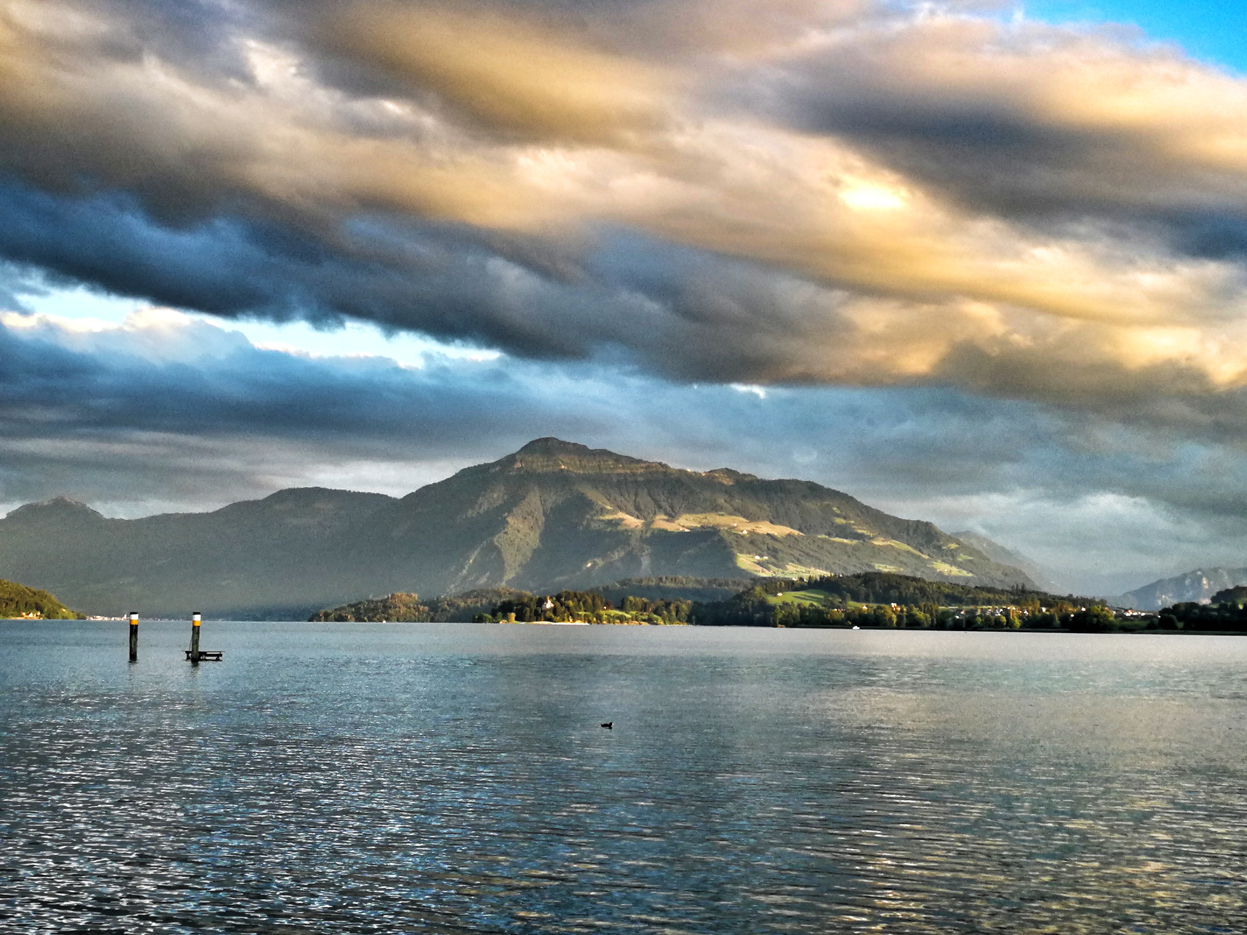 Lake Zug with Rigi mountain in the evening light, viewed from Cham